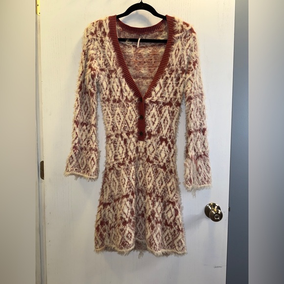 Free People Long Sleeve Knit Dress - Cream and Brown - Picture 3 of 10